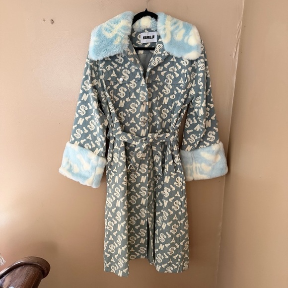 Namilia Peen print denim coat trench monogram dollar sign faux fur Dolls kill S - Picture 8 of 13